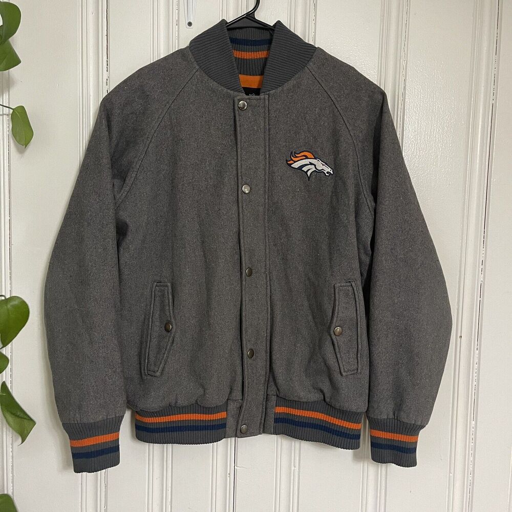 NFL Pro Line Denver Broncos Men’s Gray Orange Wool Varsity Jacket Coat Size XL